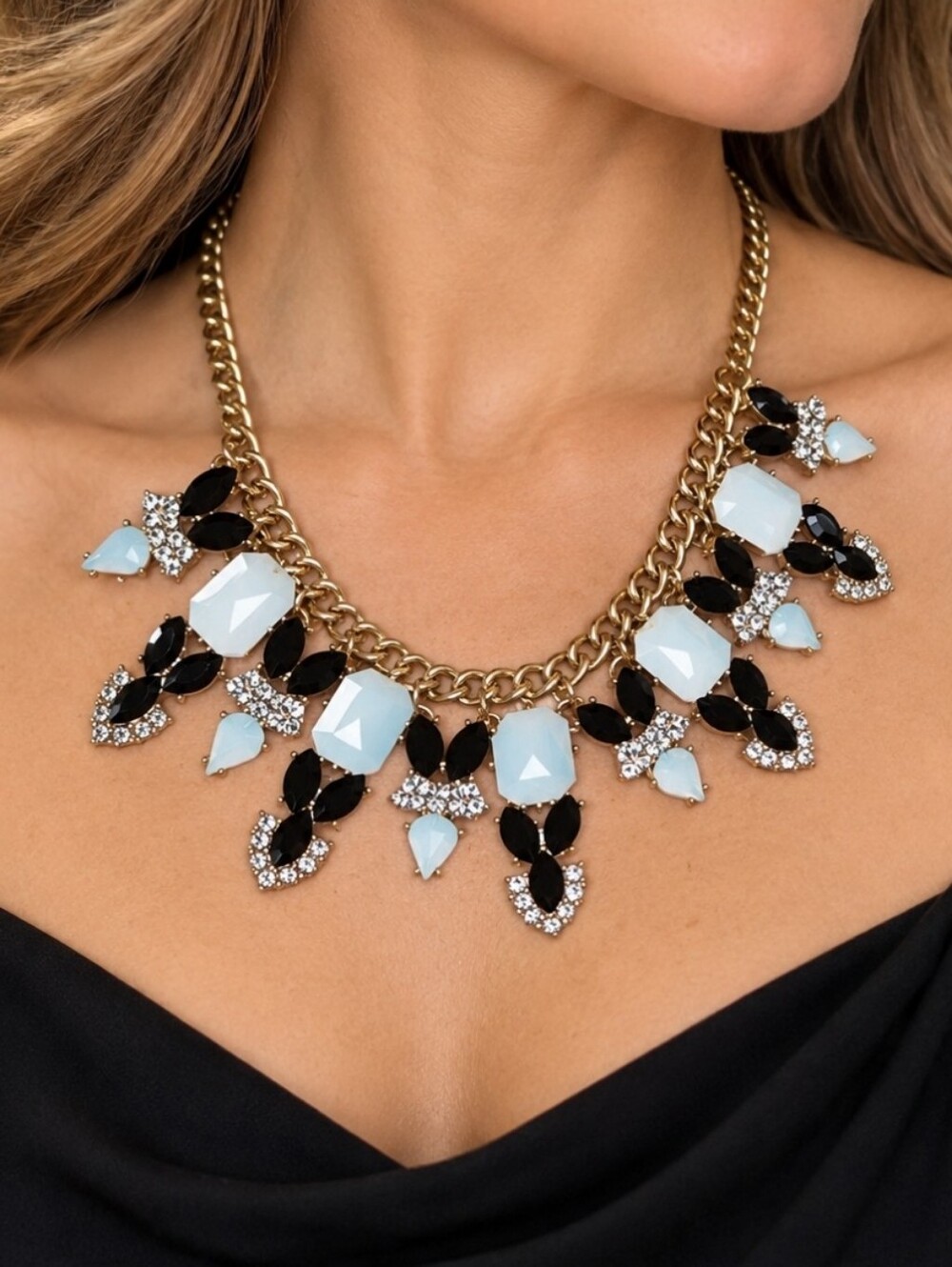 Talbot's Acrylic Black Navette Opaline Moonstone Beaded Rhinestone Necklace
